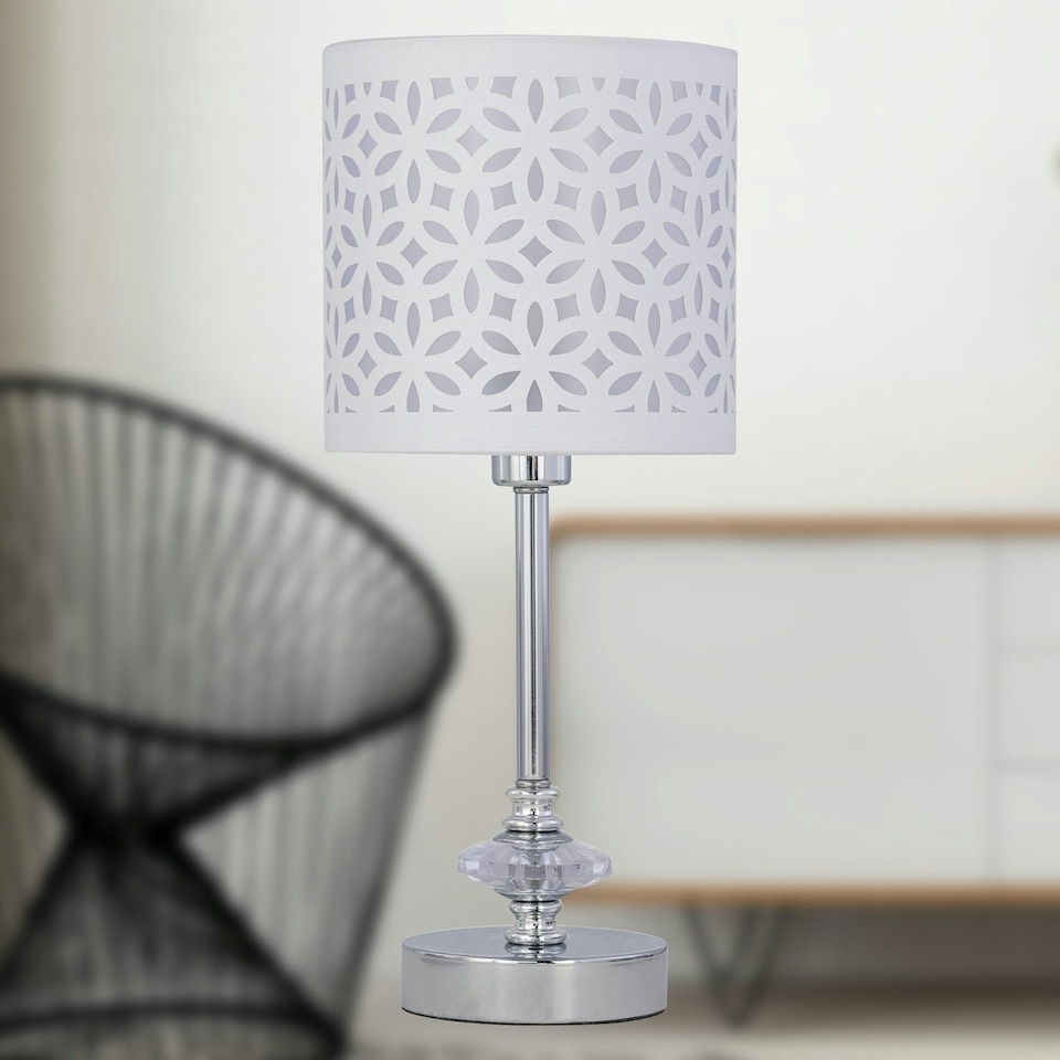 image 1 of First Choice Lighting Chrome Jewelled Table Lamp with White Cut Out Shade Chrome | White