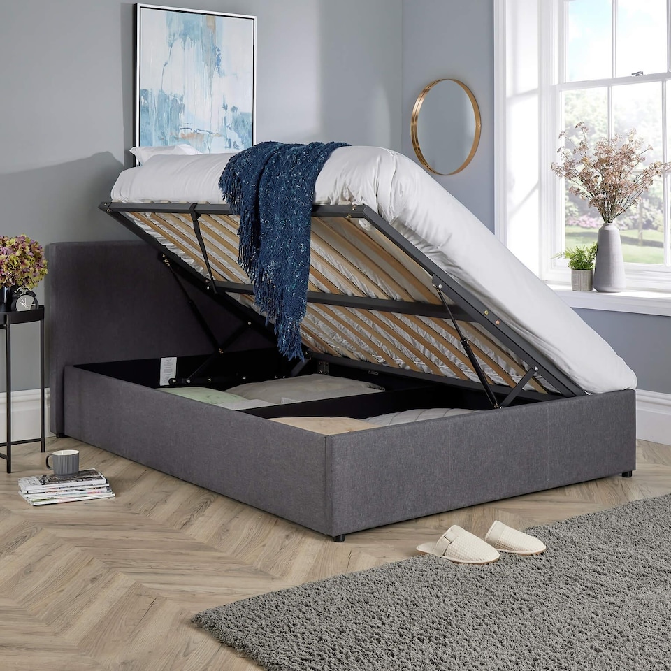 image 1 of Ottoman Side Lift Storage Bed Double Hopsack Fabric Bed Frame Gas Lift Furniture