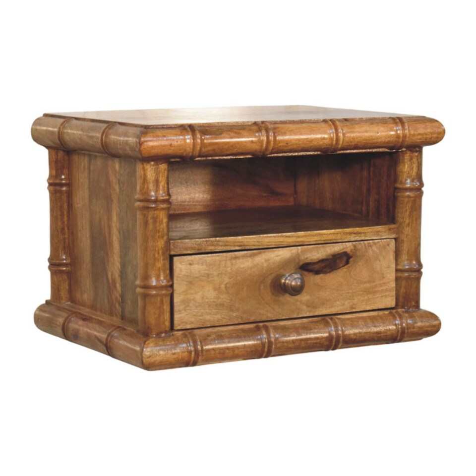 image 1 of Artisan Furniture Solid Wood Bamboo Open Bedside in Amber Oak Finish, 1 Drawer & 1 Shelf, Brown