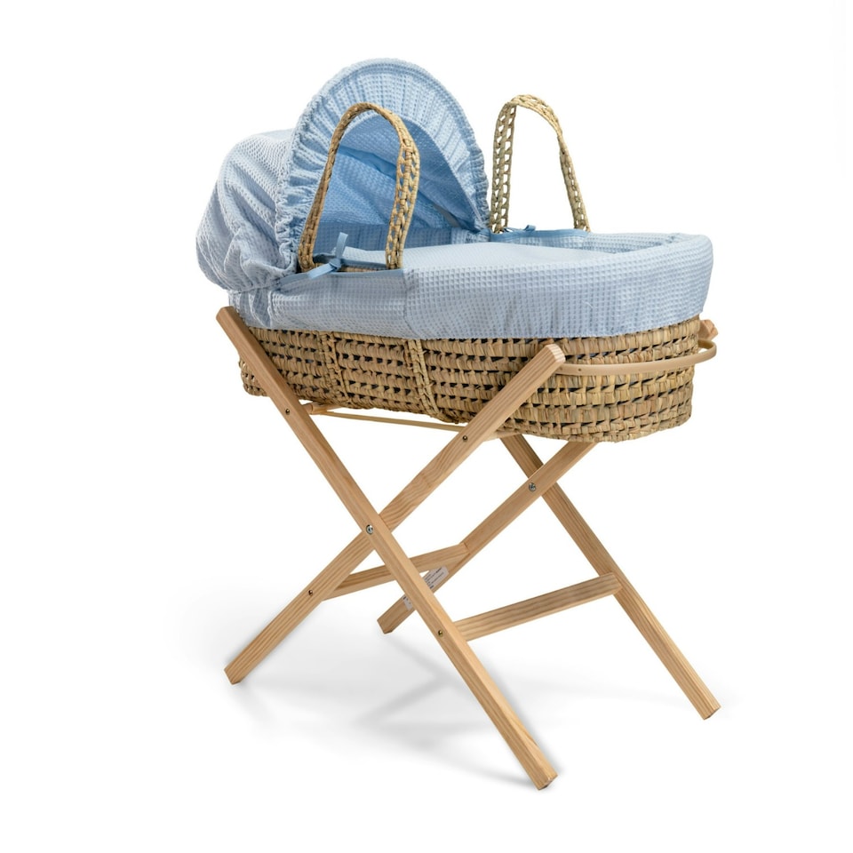 image 1 of Clair de Lune Waffle Palm Moses Basket With Folding Stand - Blue