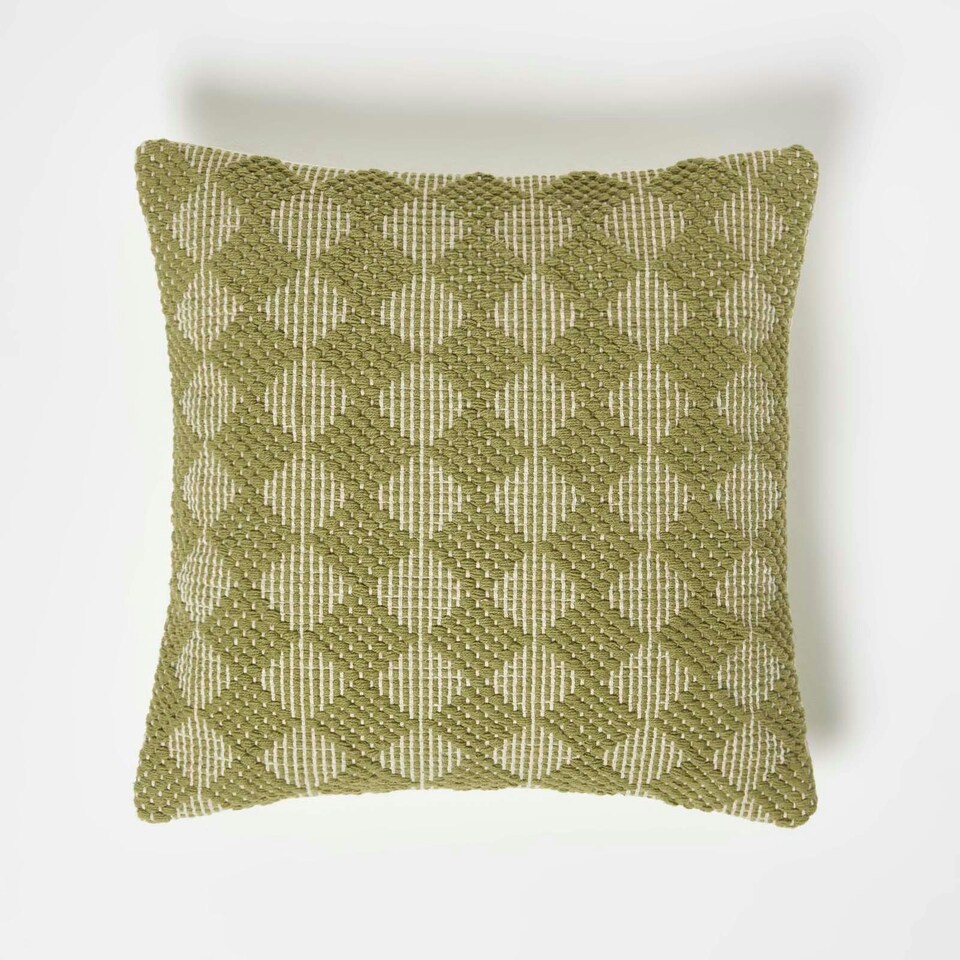 image 1 of Homescapes Lima Handwoven Textured Green Cushion - 45 x 45 cm Green