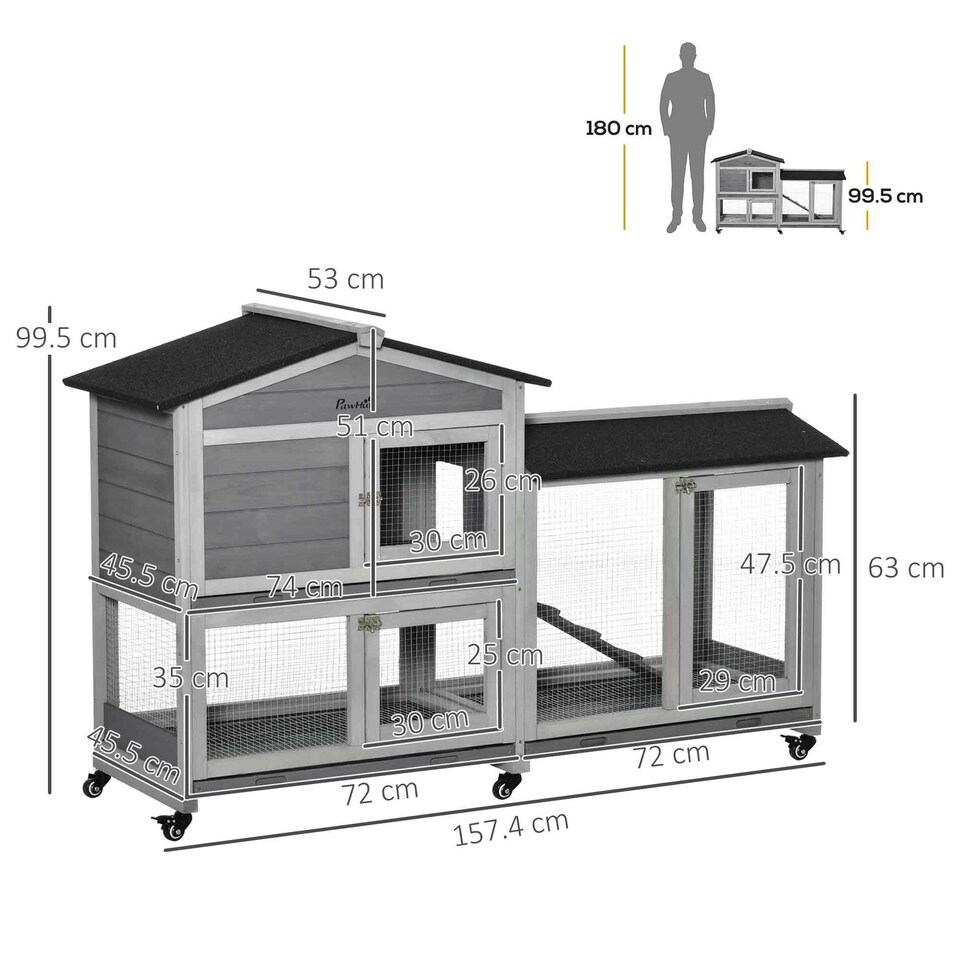 image 1 of PawHut Rabbit Hutch, Bunny Cage Outdoor 2-Tier w/ Wheels & Tray, Grey