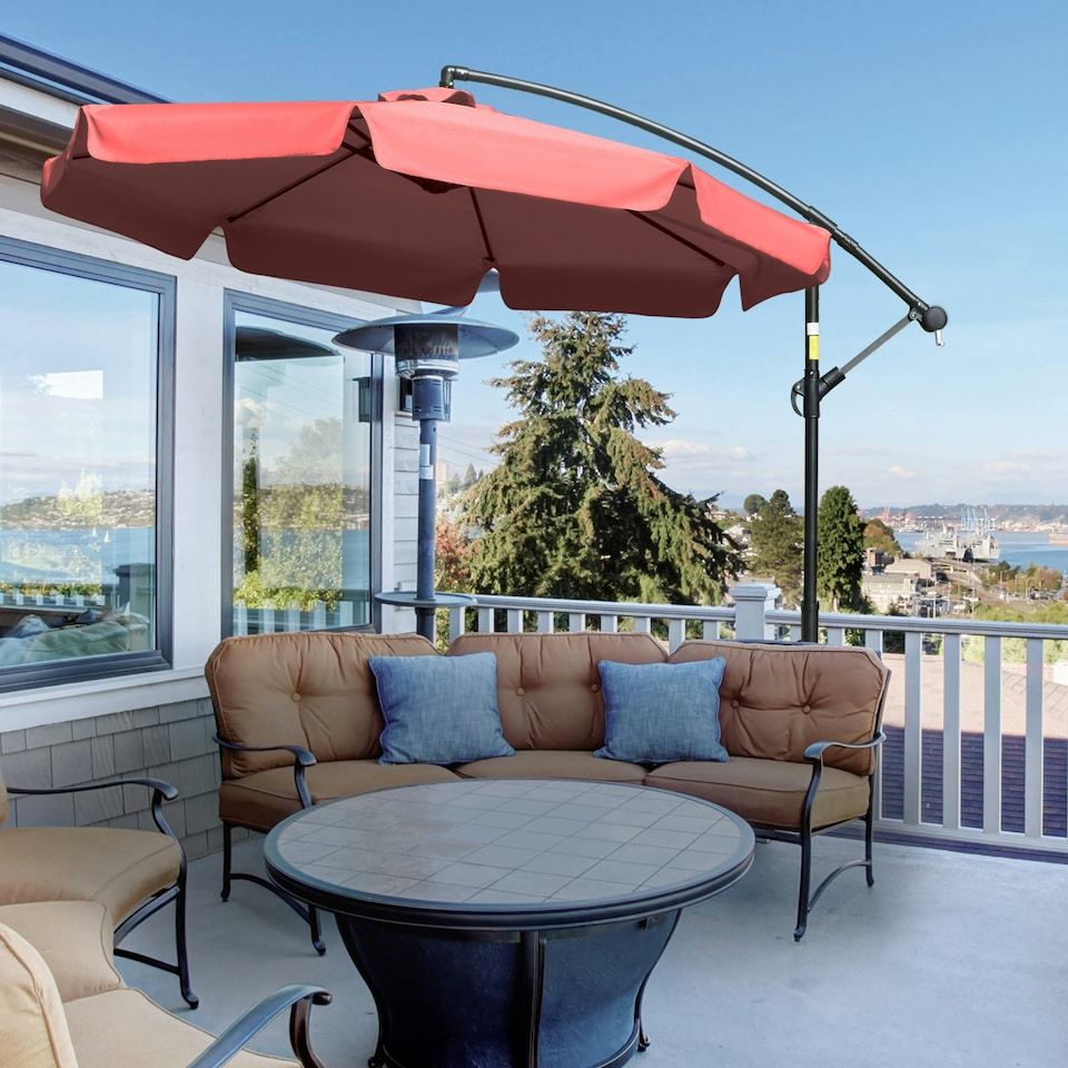 image 1 of Outsunny 2.7m Garden Cantilever Banana Parasol Sun Shade w/ Crank, Wine Red