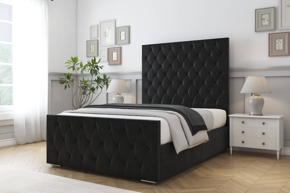 image 1 of Sloomy Watson Black Plush Bed Frame With Mattress With 50" Upholstered Headboard 4'6 Double