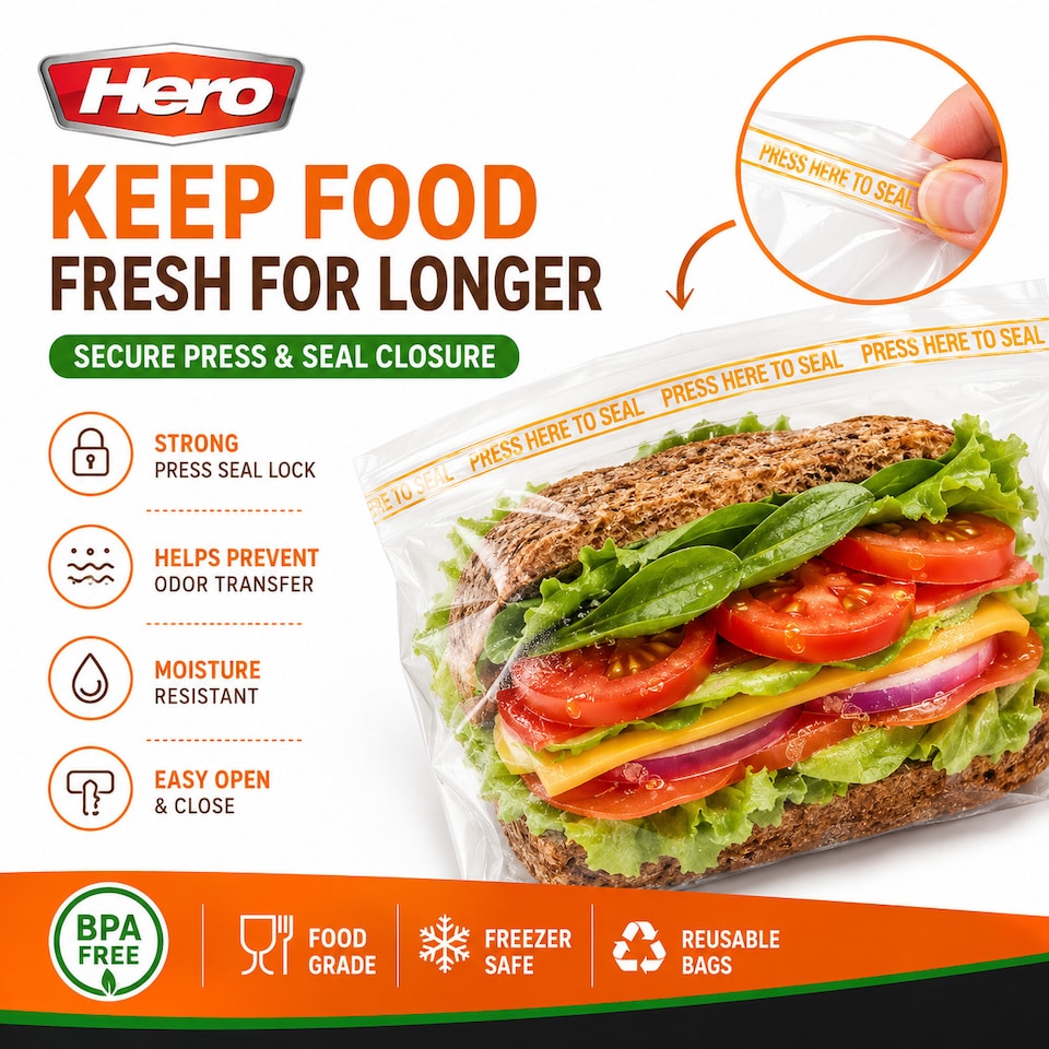 image 1 of Hero Reusable Press Seal Freezer Bags - Pack of 50 BPA Free Food Storage Bags for Sandwiches, Fruit, Meat, Vegetables & Freezer Storage