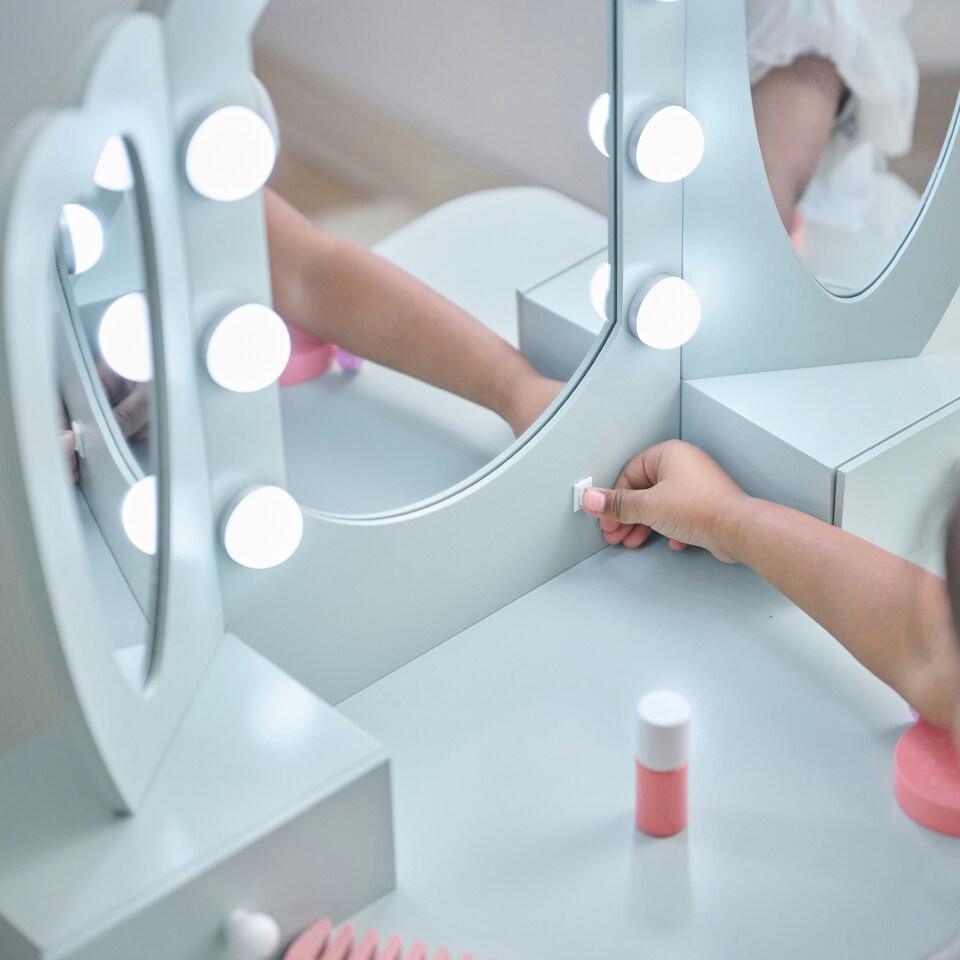 image 1 of Teamson Kids Heart-Shaped Play Vanity Table with LED Lights, Triple Mirror, Stool & Storage Drawers, Light Blue | Blue