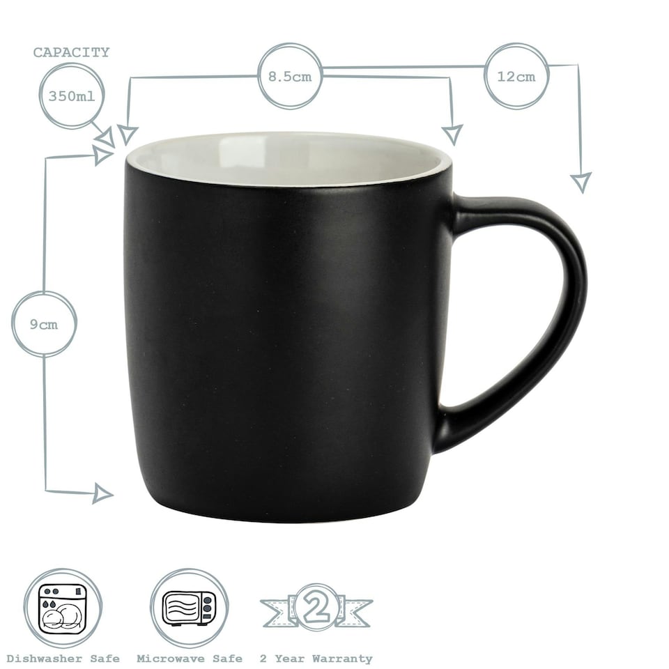 image 1 of Argon Tableware 6x Matt Coloured Coffee Mugs - Black - 350ml - Tea Mug Latte Mug Cappuccino Mug Drinking Mug Black