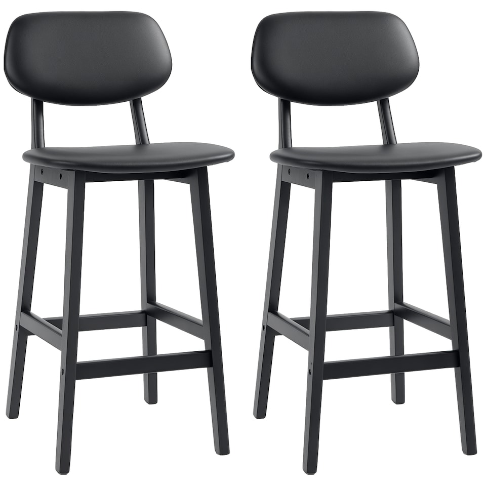 image 1 of HOMCOM Bar Stools Set of 2, Breakfast Bar Chairs, PU Leather Upholstered Kitchen Stools with Backs, Footrests and Solid Wood Legs, Black