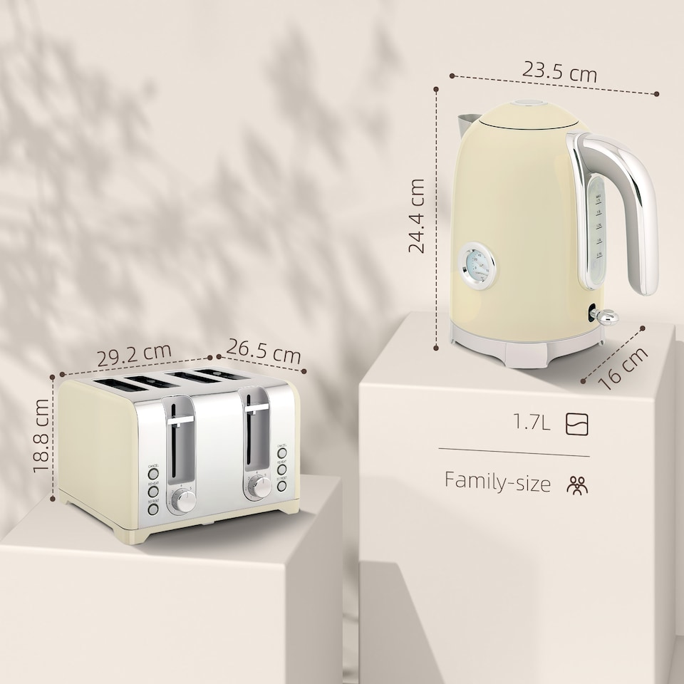 image 1 of HOMCOM Retro Kettle and Toaster Set with Temperature Gauge, 1.7L 3000W Rapid Boil Jug Kettle with Otter Thermostat, Limescale Filter, 4 Slice Toaster with 7 Browning Controls, Crumb Tray, Cream | Cream