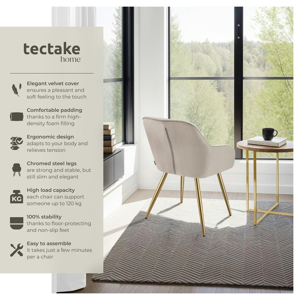 image 1 of Dining Chair Marilyn - quilted velvet, continuous backrest, gold steel legs - per piece Brown | Taupe/Gold