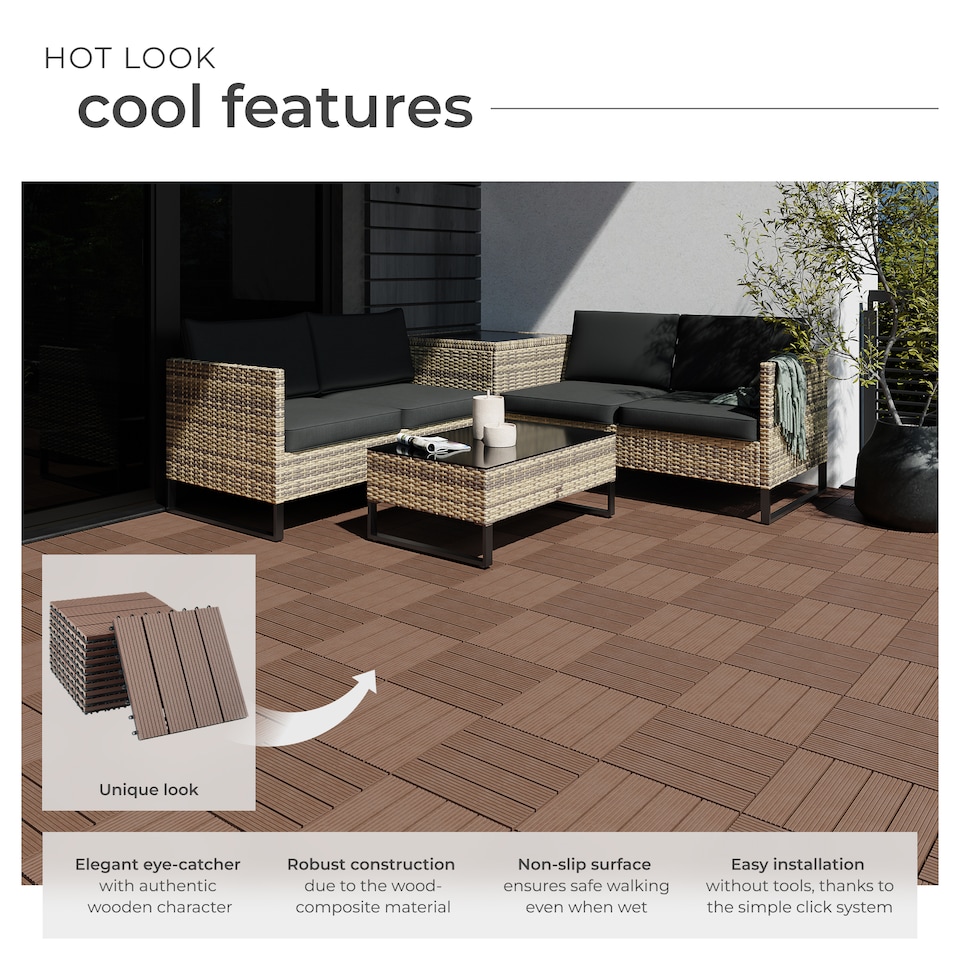 image 1 of Composite Decking Tegulas - click system, wood look, outdoor safe | Brown | brown | 31 x 31 x 2,20 cm | 11