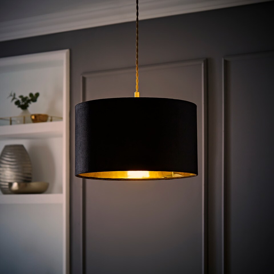 image 1 of ValueLights Reni Medium Black Velvet Gold Inner Lamp Shade | Black