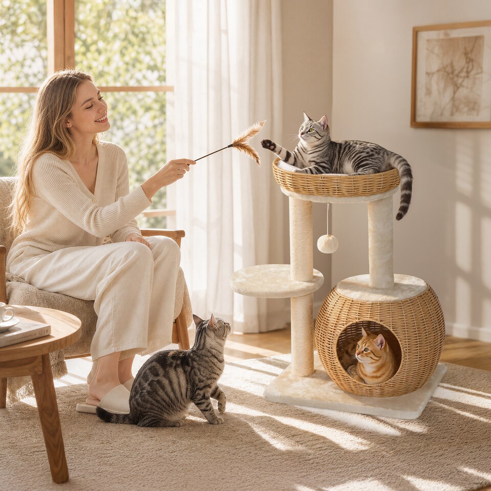 image 1 of Yaheetech 72cm Rattan Cat Tree with Sisal Scratching Post, Wicker Condo, Basket and Removable Soft Cushion, Cat Furniture for Small and Medium Cats, Beige