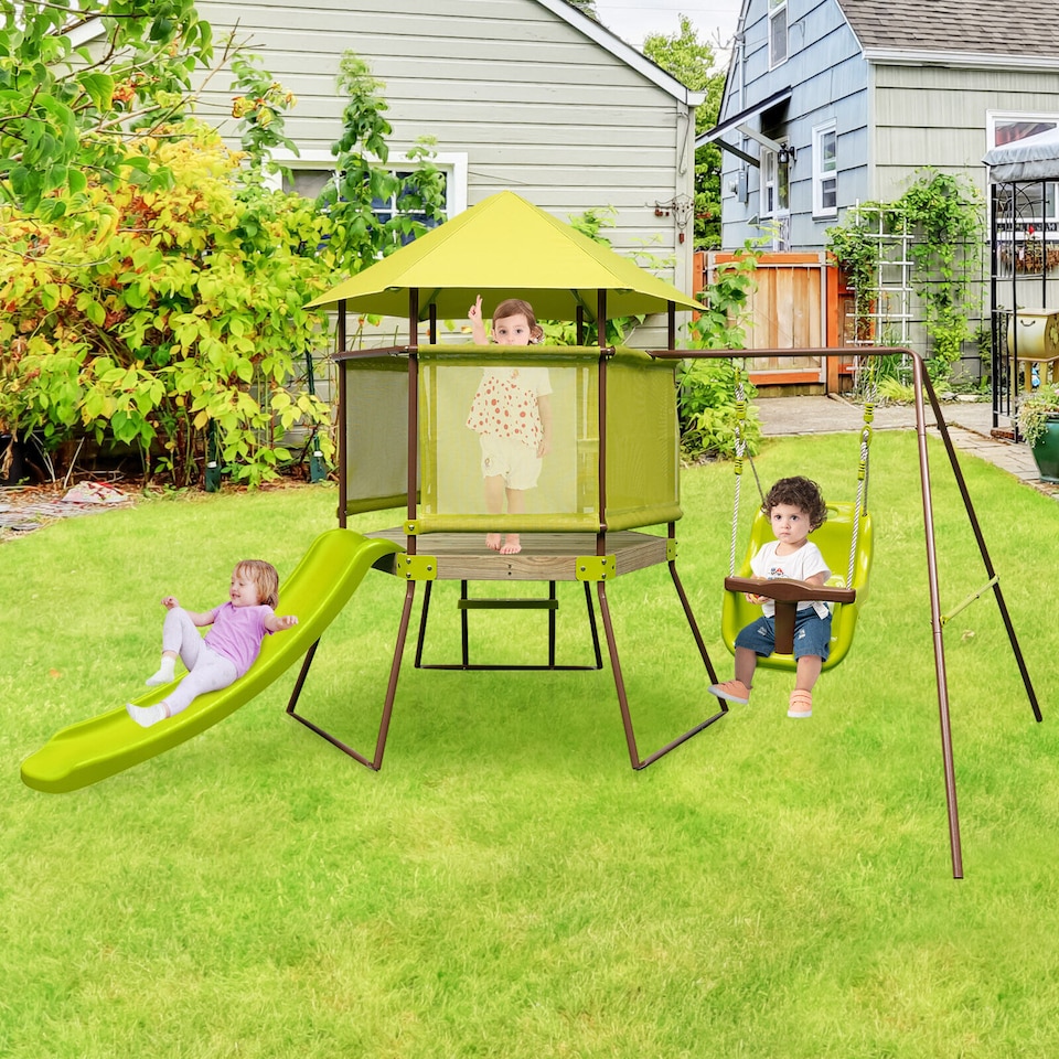 image 1 of COSTWAY 4-in-1 Toddlers Swing Set Outdoor Metal Playset Kids Backyard Playground