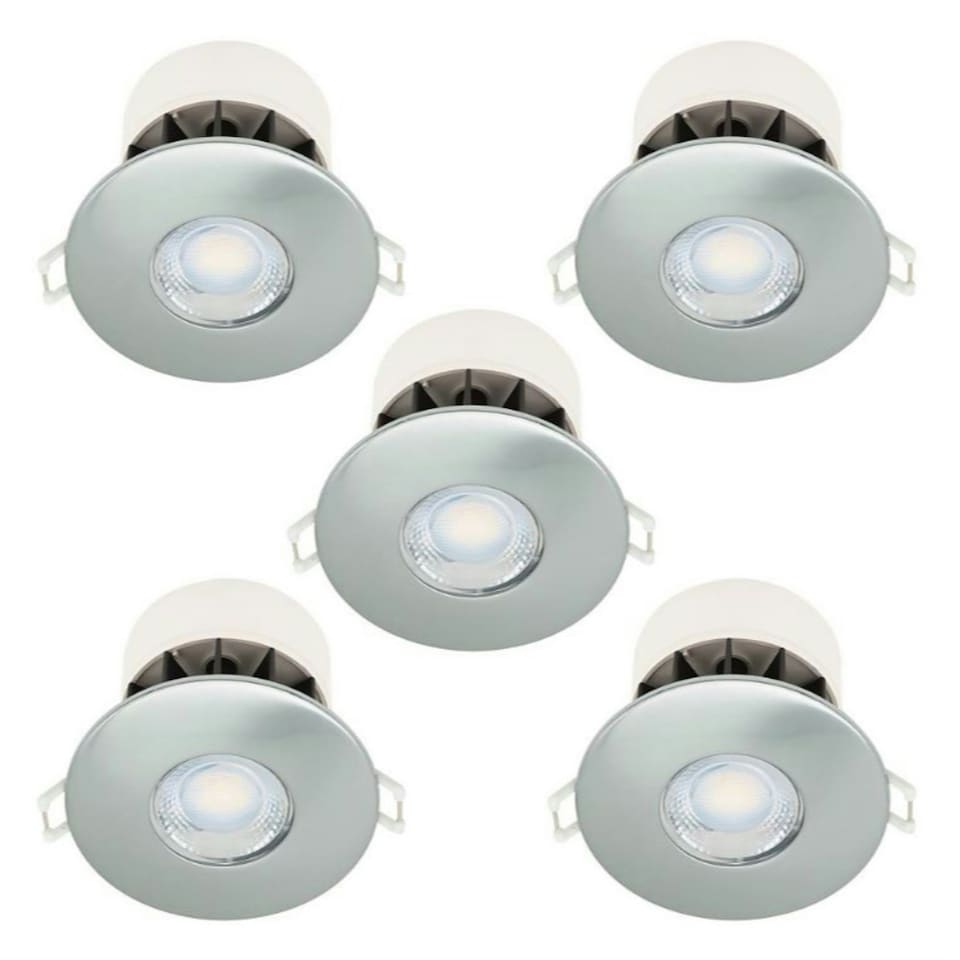 image 1 of Set of 5 Fire Rated LED Bathroom Downlights - Brushed Steel IP65 Recessed Downlights Silver