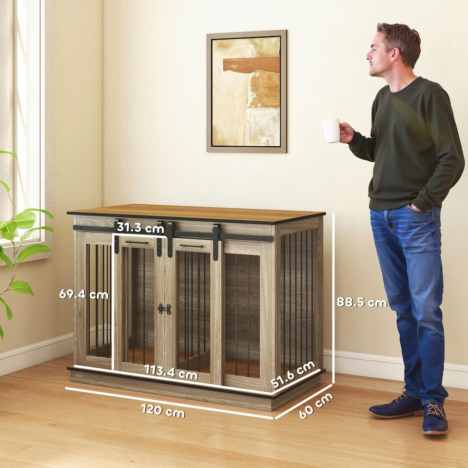 image 1 of PawHut Dog Crate for Large Dogs, Double Dog Cage for Small Dogs, Oak Tone