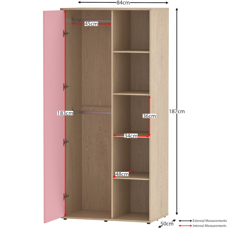 image 1 of Junior Vida Neptune 1 Door Wardrobe 5 Shelves & Clothes Rail, Pink & Oak
