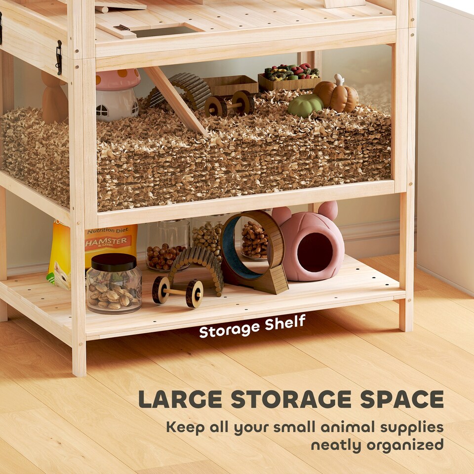 image 1 of PawHut Wooden Hamster Cage, 3 Tier Small Animal Cage with Detachable Lower Floor, Storage Shelf, Hut, Seesaw, Exercise Wheel, Ramps, Hamster Habitat for Dwarf, Gerbil, 80L x 53W x 117H cm, Natural