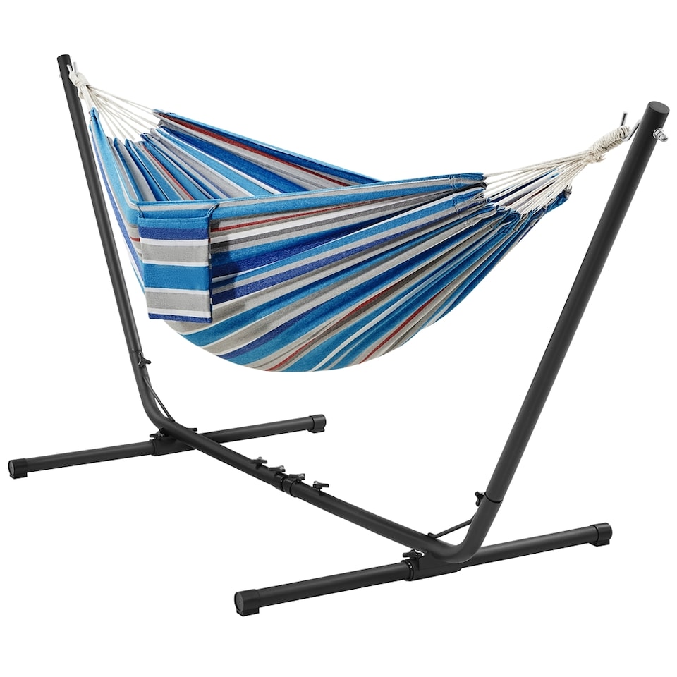 image 1 of Yaheetech Outdoor Hammock with Adjustable Steel Stand-Blue Red Stripe