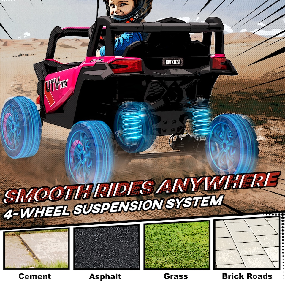 image 1 of AIYAPLAY 12V Kids Ride On Car, Electric Car for Kids UTV with Remote Control, Slow Start, Suspension System, LED Lights, Music, USB Port, for Boys Girls 3-5 Years | Pink