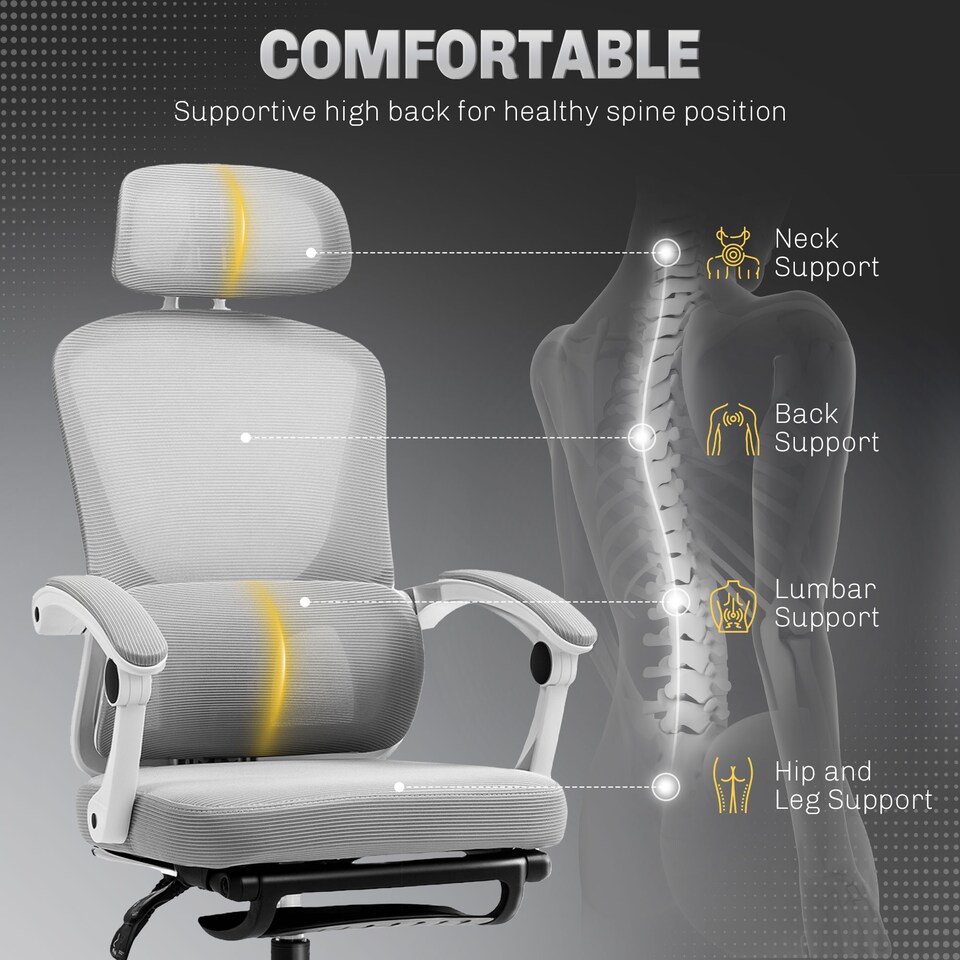 image 1 of HOMCOM Ergonomic Office Chair, Mesh High Back Desk Chair with Adjustable Lumbar Support and Headrest, Footrest, Reclining Executive Swivel Computer Chair for Home Study, Grey | Grey