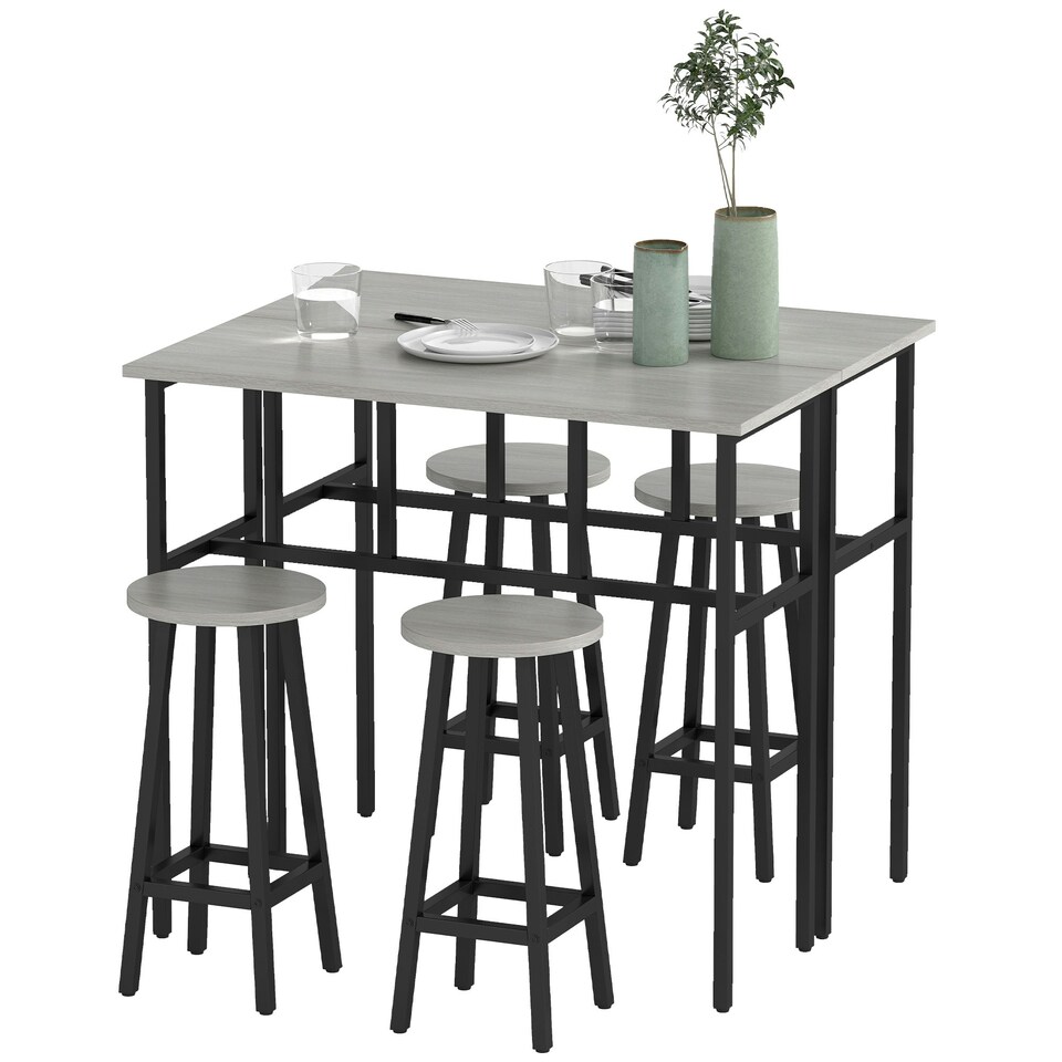 image 1 of HOMCOM 6-Piece Industrial Bar Table Set, 2 Kitchen Tables with 4 Stools, Grey
