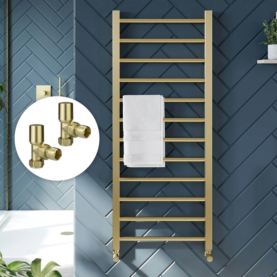 image 1 of Brushed Brass 800 x 500mm Heated Bathroom Towel Rail Warmer Ladder Radiator with Angled Manual Valves Pair