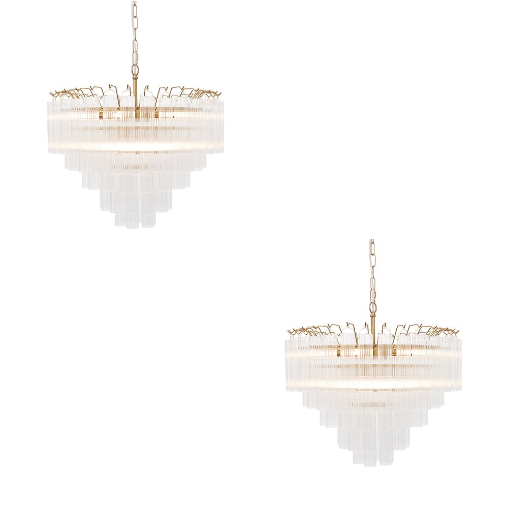 Sophisticated Satin Brass Pendant Lights Set of 2 with Ribbed Glass