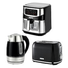 GEEPAS  1.7L Illuminating Electric Kettle 2 Slice Bread Toaster & 9.2L Digital Air Fryer Kitchen Combo Set Black