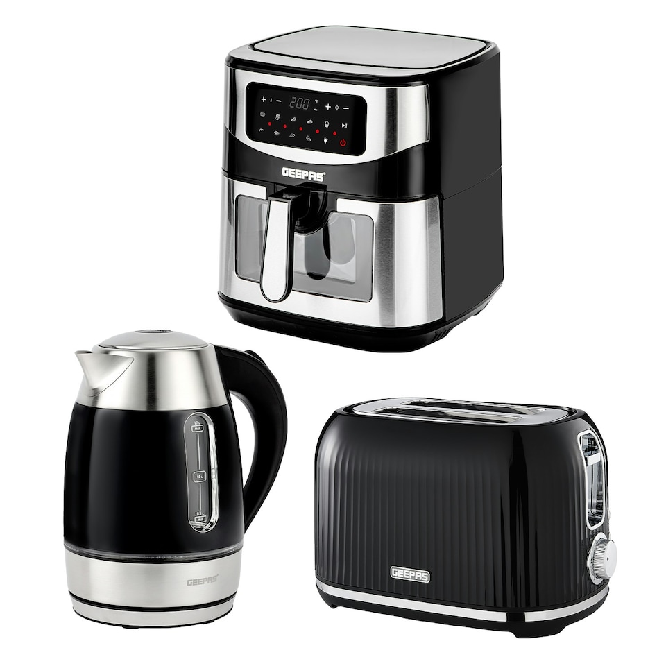 GEEPAS  1.7L Illuminating Electric Kettle 2 Slice Bread Toaster & 9.2L Digital Air Fryer Kitchen Combo Set Black