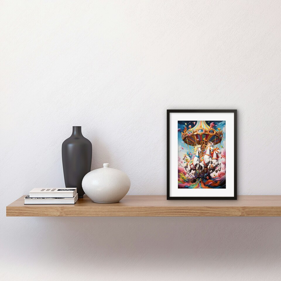 image 1 of Magical Carousel Rainbow Clouds Fantasy Kids Bedroom 9x7" Black Framed Wall Art Print