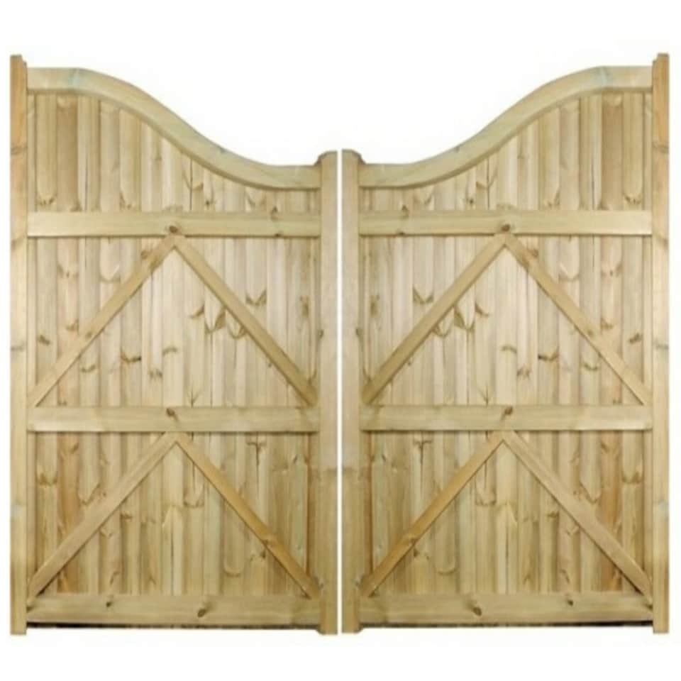 image 1 of Drayton Tall Shaped Top Double Gate - Pressure Treated Scandinavian Redwood - W2400 x H1800 mm | Brown | 1