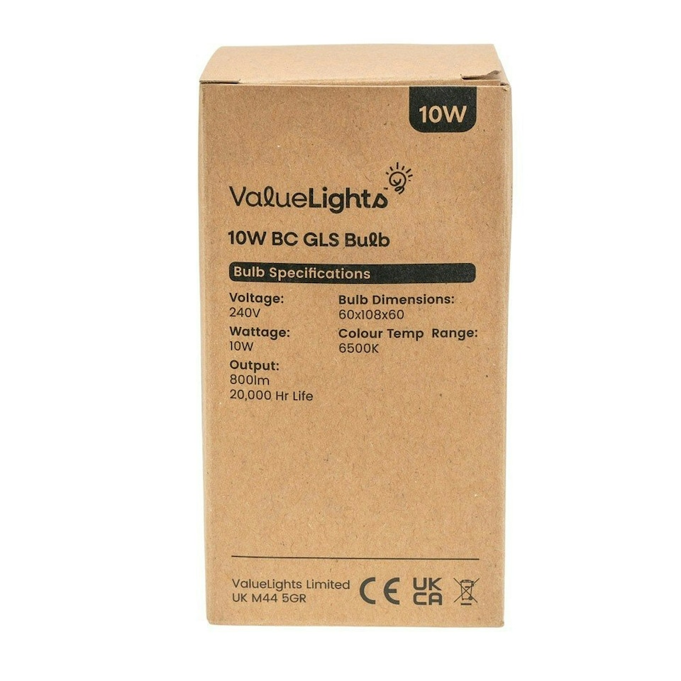 image 1 of ValueLights 10 Pack B22 White Plastic GLS LED 10W Cool White 6500K 800lm Light Bulb