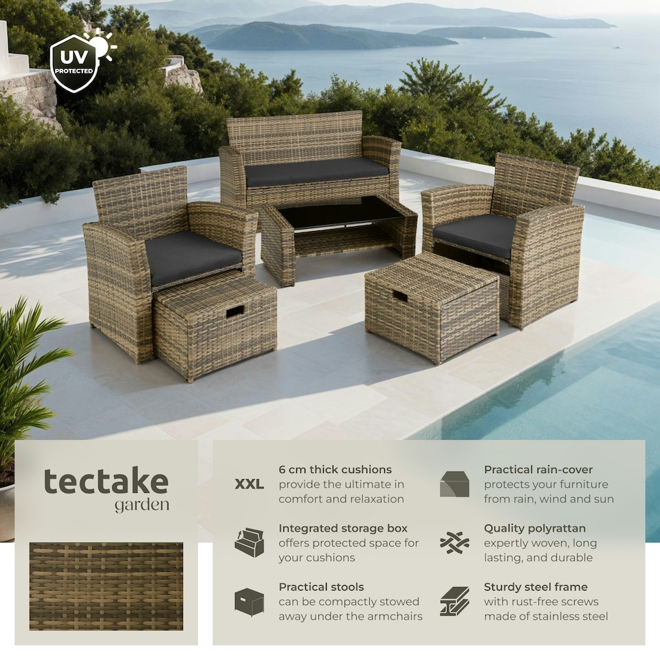 image 1 of Garden Furniture Set Modena- sofa with storage, armchairs, stools, coffee table - Nature