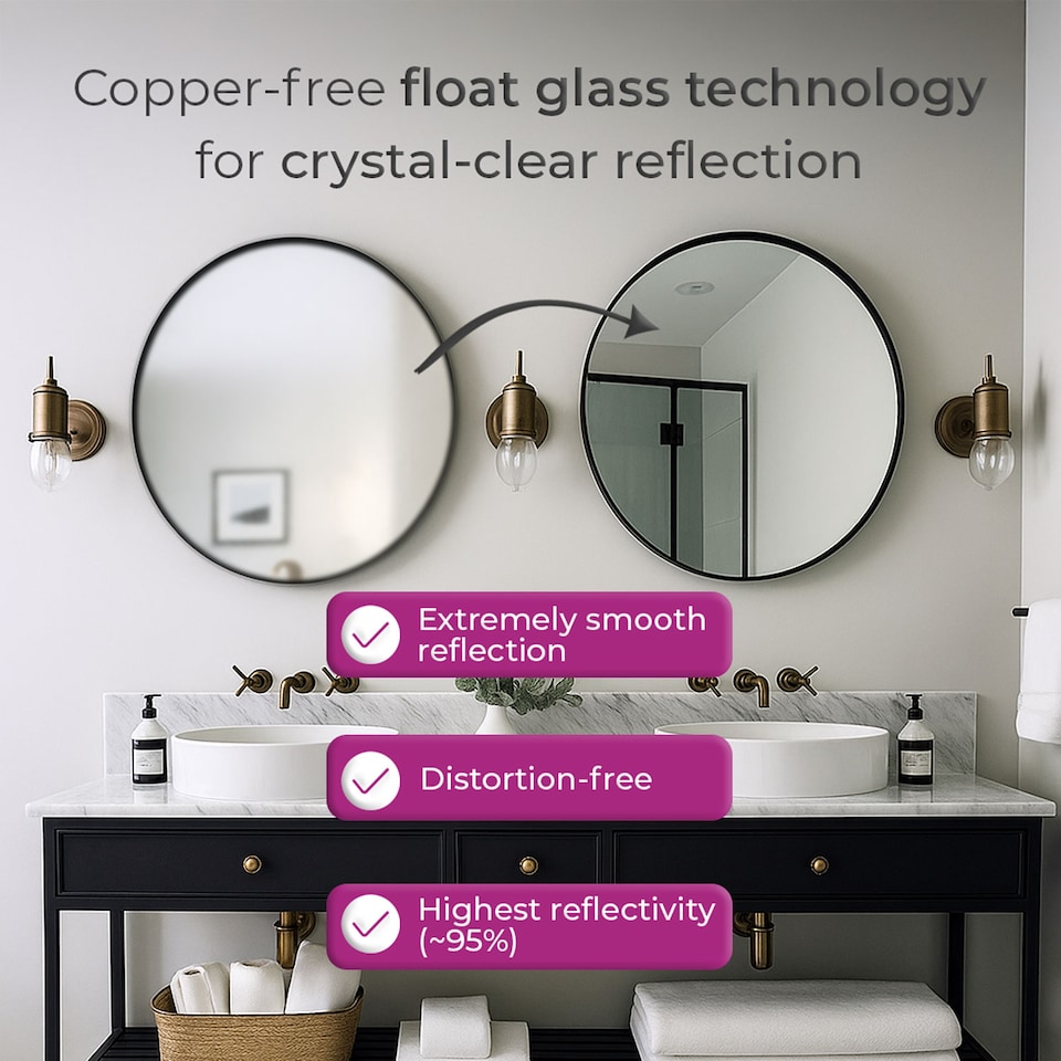 image 1 of Neo 40cm Black Round Metal Frame Wall Mirror Float Glass HD Reflection Anti Rust Moisture Proof Wall Mounted Bathroom Bedroom Hallway Living Room Vanity | Black | Black