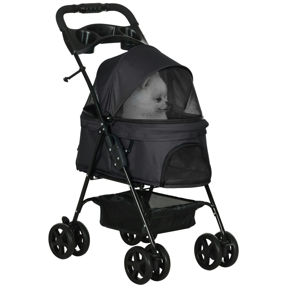 image 1 of PawHut Pet Stroller Foldable Travel Carriage w/ Brake Basket Canopy, Black