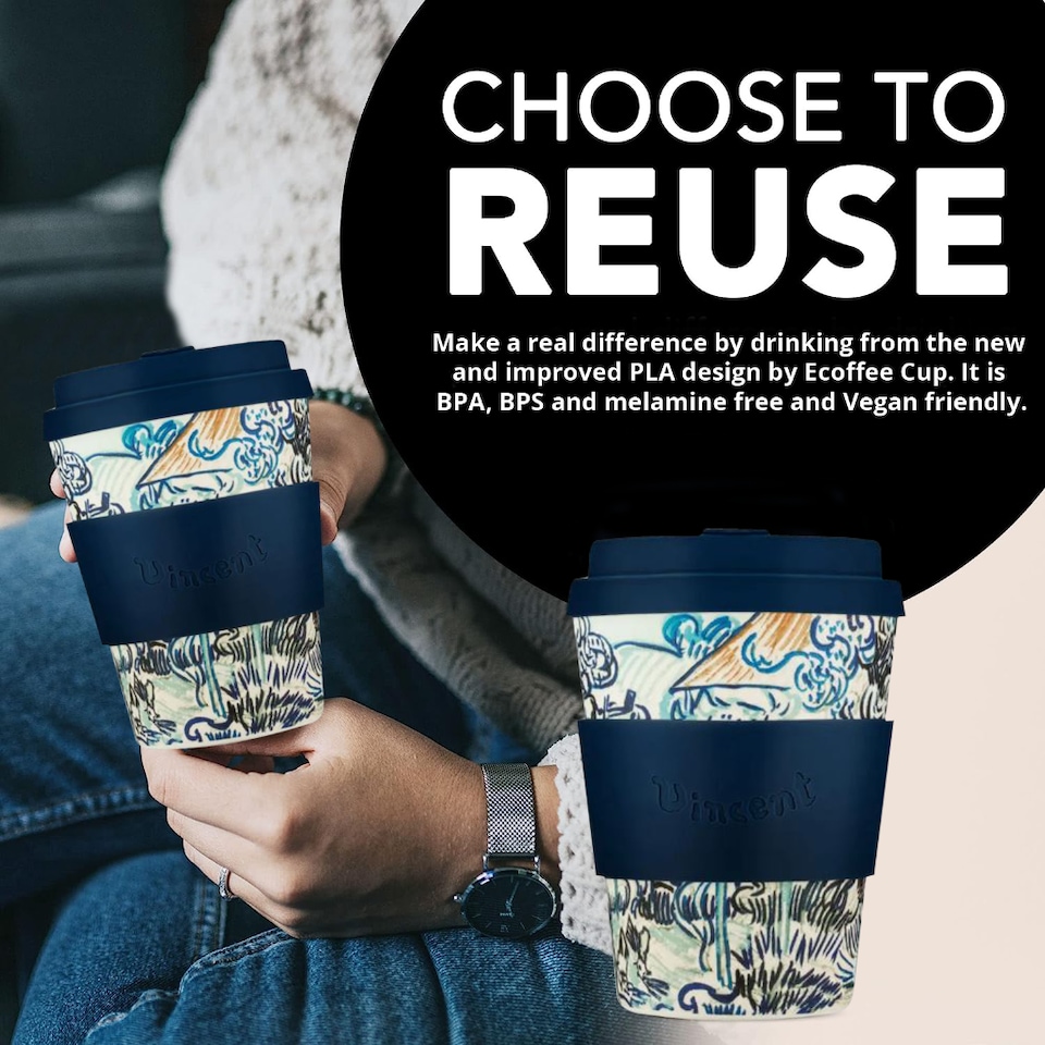 image 1 of Ecoffee Cup 12oz 350ml Van Gogh Design Reusable Eco-Friendly, Plant Based Coffee Cup with Silicone Lid & Sleeve, Old Vineyard with Peasant Woman | Multi | Old Vineyard with Peasant Woman