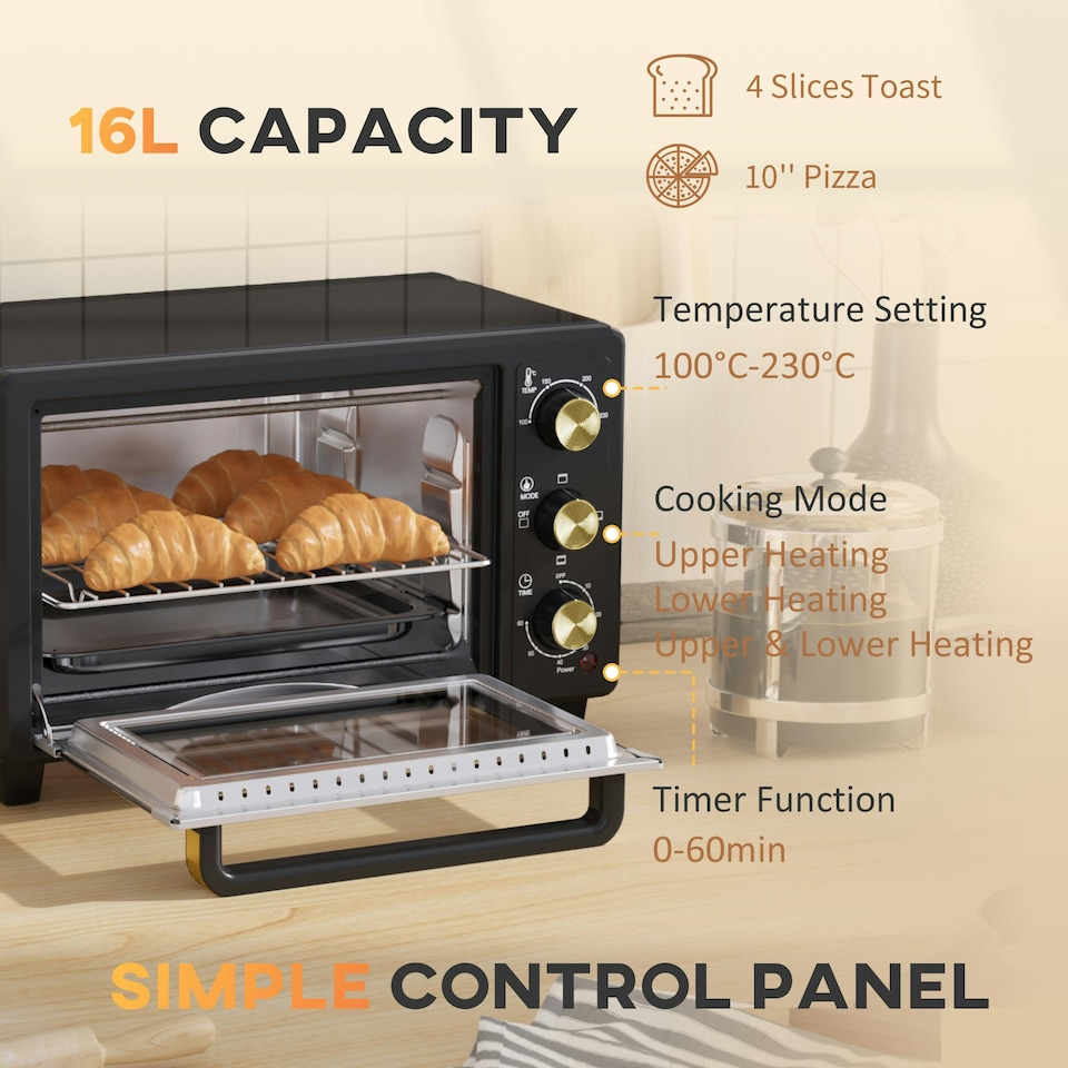 image 1 of HOMCOM Mini Oven 16L Countertop Oven w/ Adjustable Temp Timer 1400W, Black