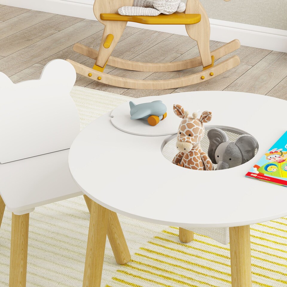 image 1 of AIYAPLAY 3 Pieces Toddler Table and Chair Set w/ Centre Mesh Bag, White