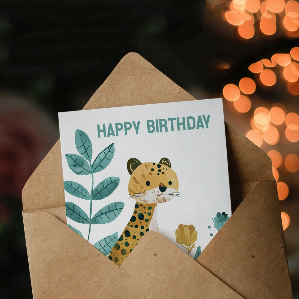 image 1 of Cute Jungle Plants Fun Kids Girl Boy Cheetah Child Kids Birthday Card