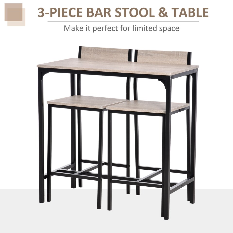 image 1 of Bar Table and Stools Set, Kitchen Table and 2 Chairs with Backrest, Footrest