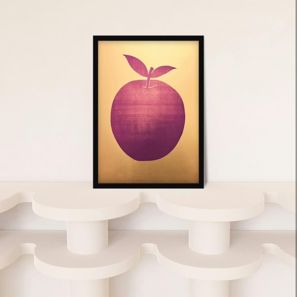 image 1 of Plum Apple On Gold Kitchen Block Home Decor Black Framed Wall Art Print A4