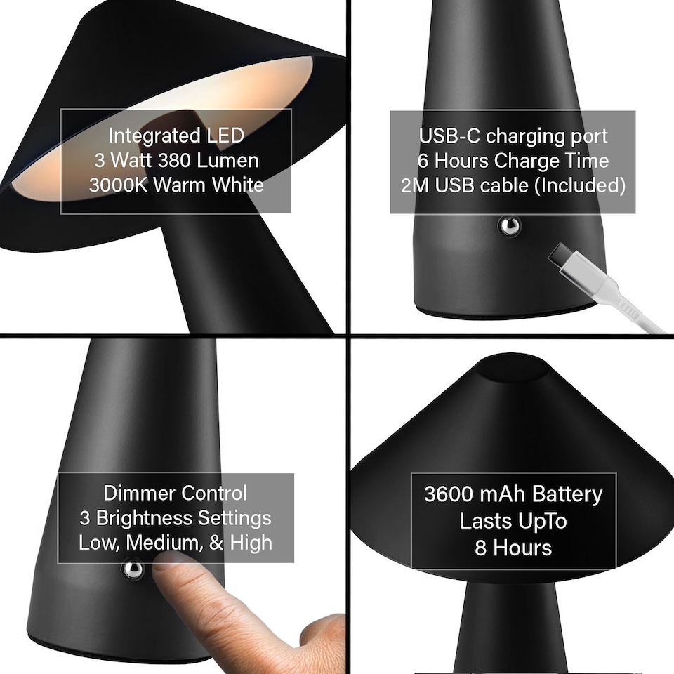 image 1 of Gloss Black Rechargeable Touch Dimmable Table Lamp with Matching Metal Shade | Black | Black | 1