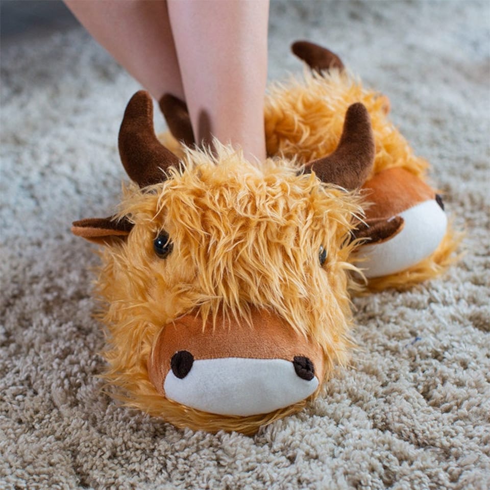 image 1 of Fuzzy Friends Highland Cow Slippers Up to UK Size 7