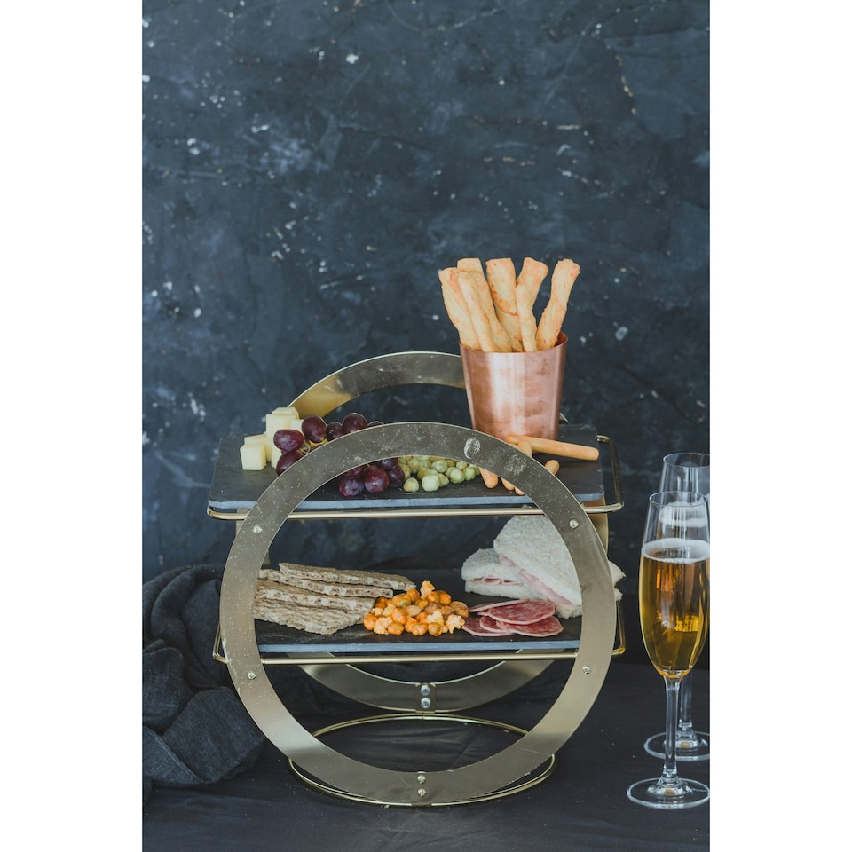 image 1 of Artesà 2-Tier Brass Geometric Serving Stand with Slate Black