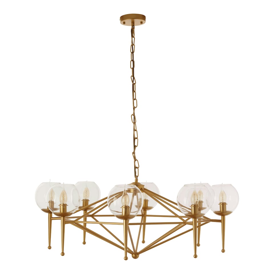 image 1 of Interiors by Premier Gold 8 Arm Geo Pendant Lamp, Mid Century Modern Glass Globe Ceiling Light, Glamorous Geometric Frame Pendant