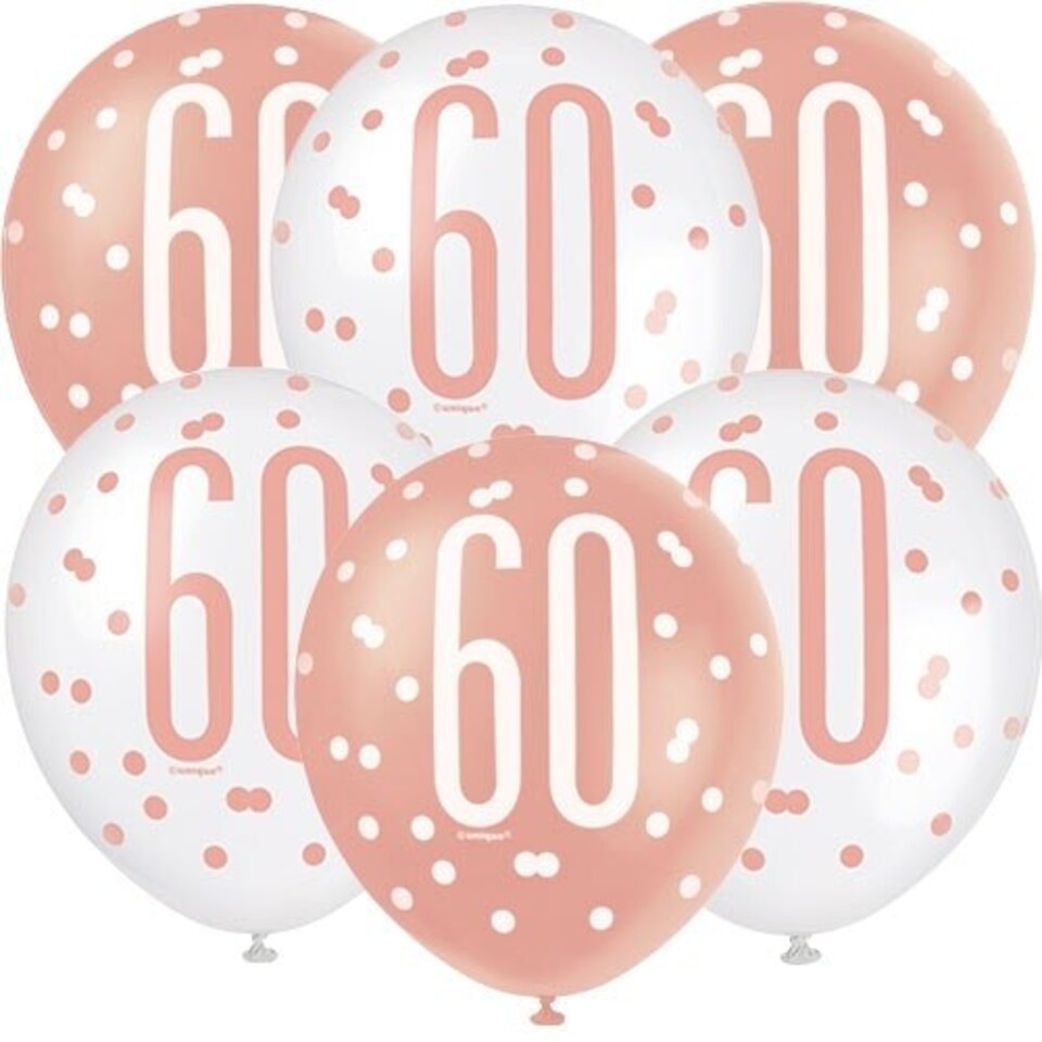 image 1 of Rose Gold Glitz Age 60 Assorted Biodegradable Latex Balloons 30cm / 12 in - Pack of 6