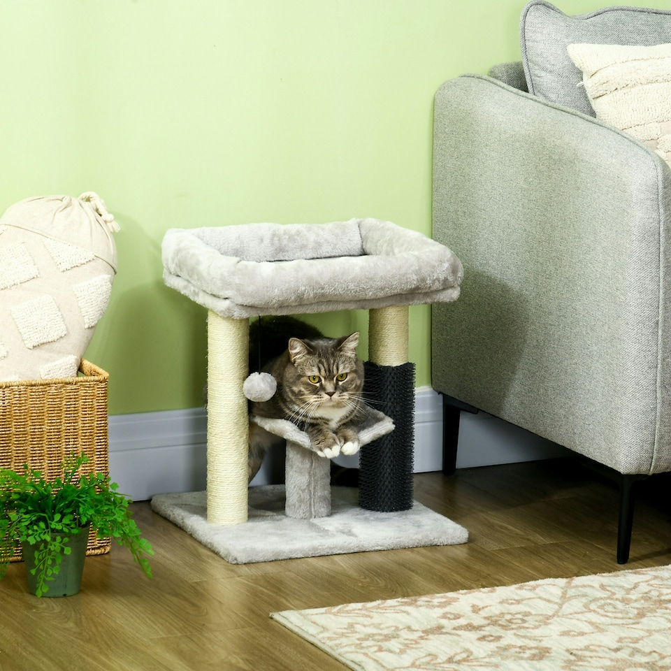 image 1 of PawHut Small Cat Tree with Scratching Post Bed Toy for Indoor Cats, Grey