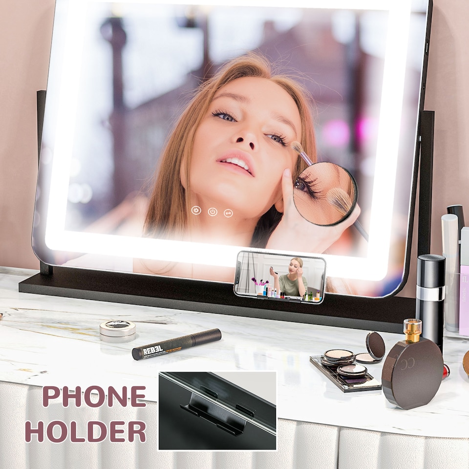 image 1 of HOMCOM Vanity Mirror with Lights, 6350 cm Lighted Makeup Mirror with 3 Colour Lighting Modes, 10 Magnifying, USB Charging Port, Phone Holder, 360 Degree Rotation, Touch Screen, for Dressing Table