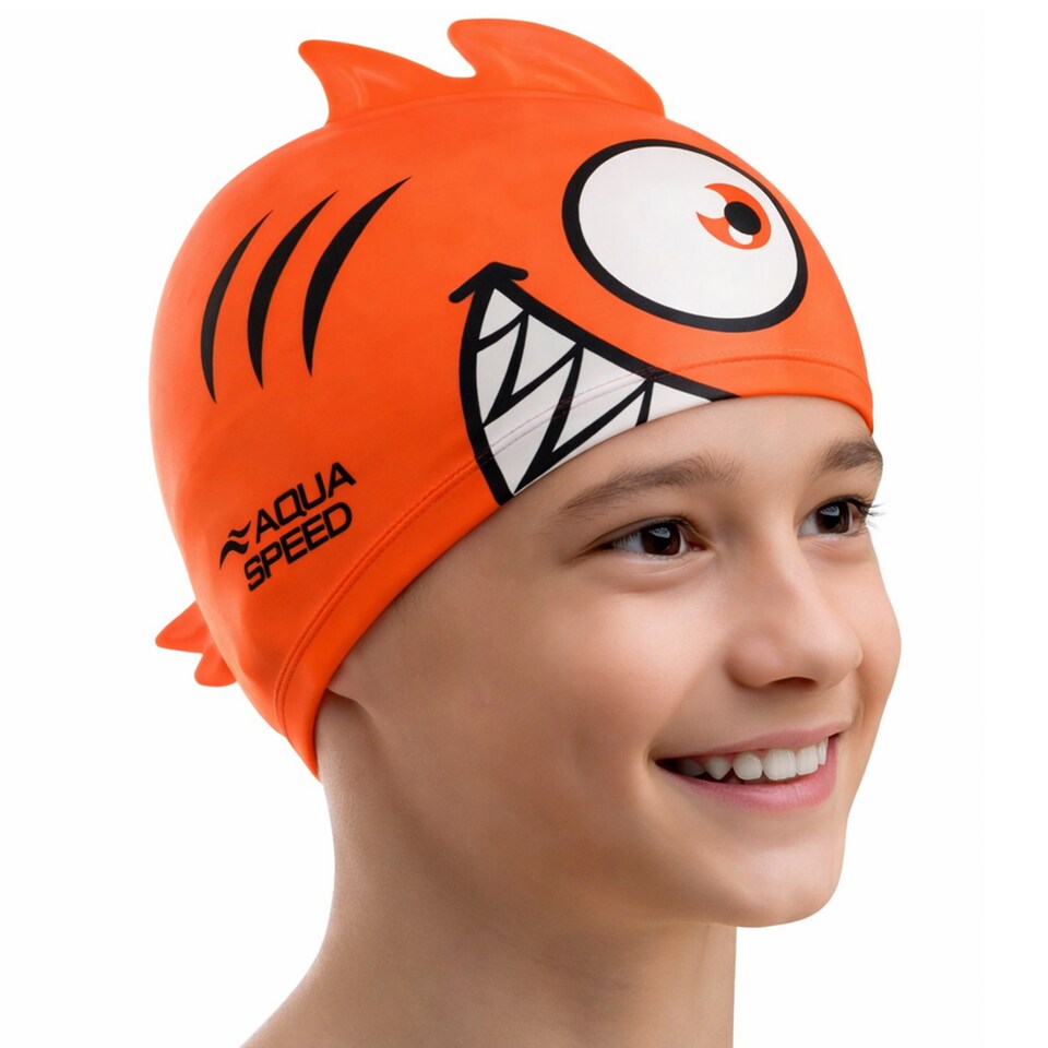 image 1 of Boys Girls Piranha Patterned Swimming Cap | Silicone 3D Print Easy Fit Swim Cap | Orange | Orange | One Size | 1